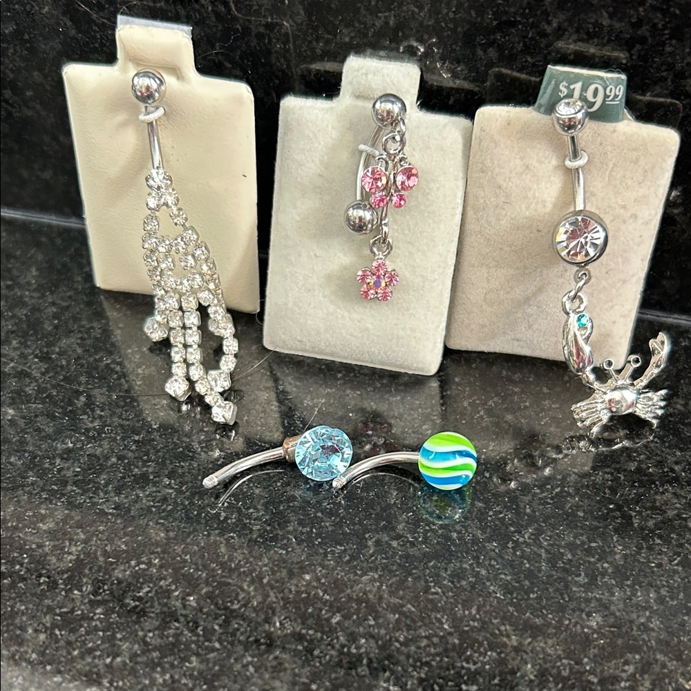 Elegant Silver and Pink Crystal Belly Rings Set